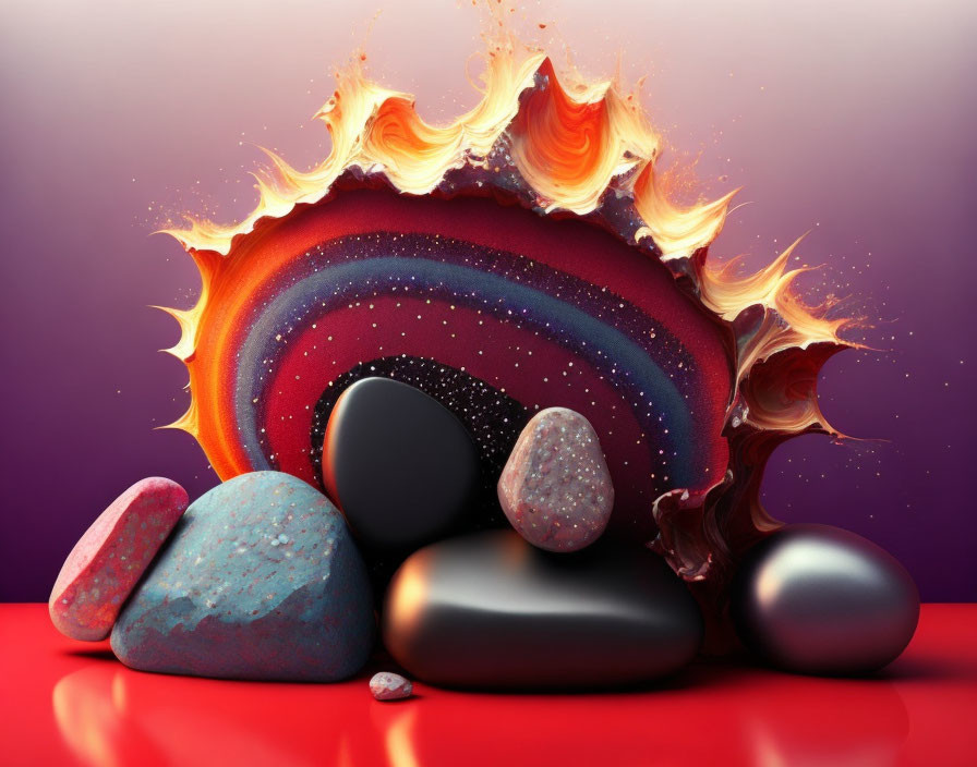 Abstract image: glossy rocks, fiery liquid splash, vibrant circular gradient