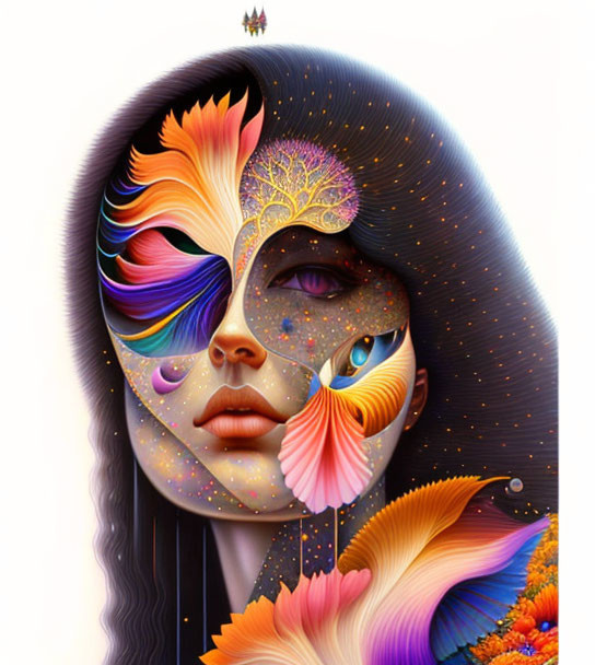 Colorful portrait art with celestial and nature motifs