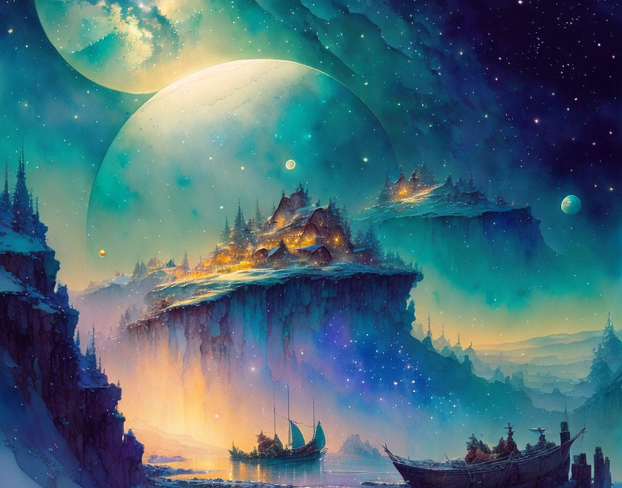 Fantasy landscape with floating islands, castles, boats, and two large moons