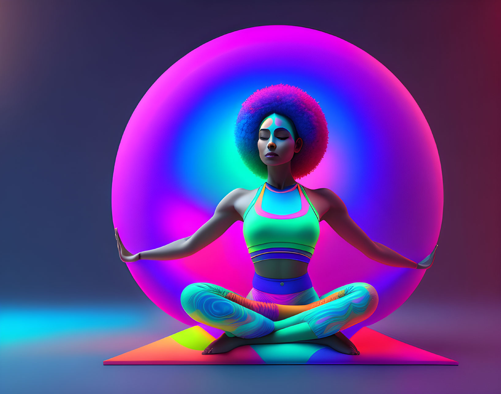 Digital artwork of woman meditating with neon halo on dark backdrop