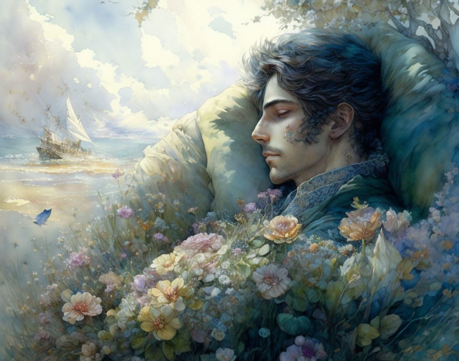 Man resting among blooming flowers with sailing ship in dreamlike scene