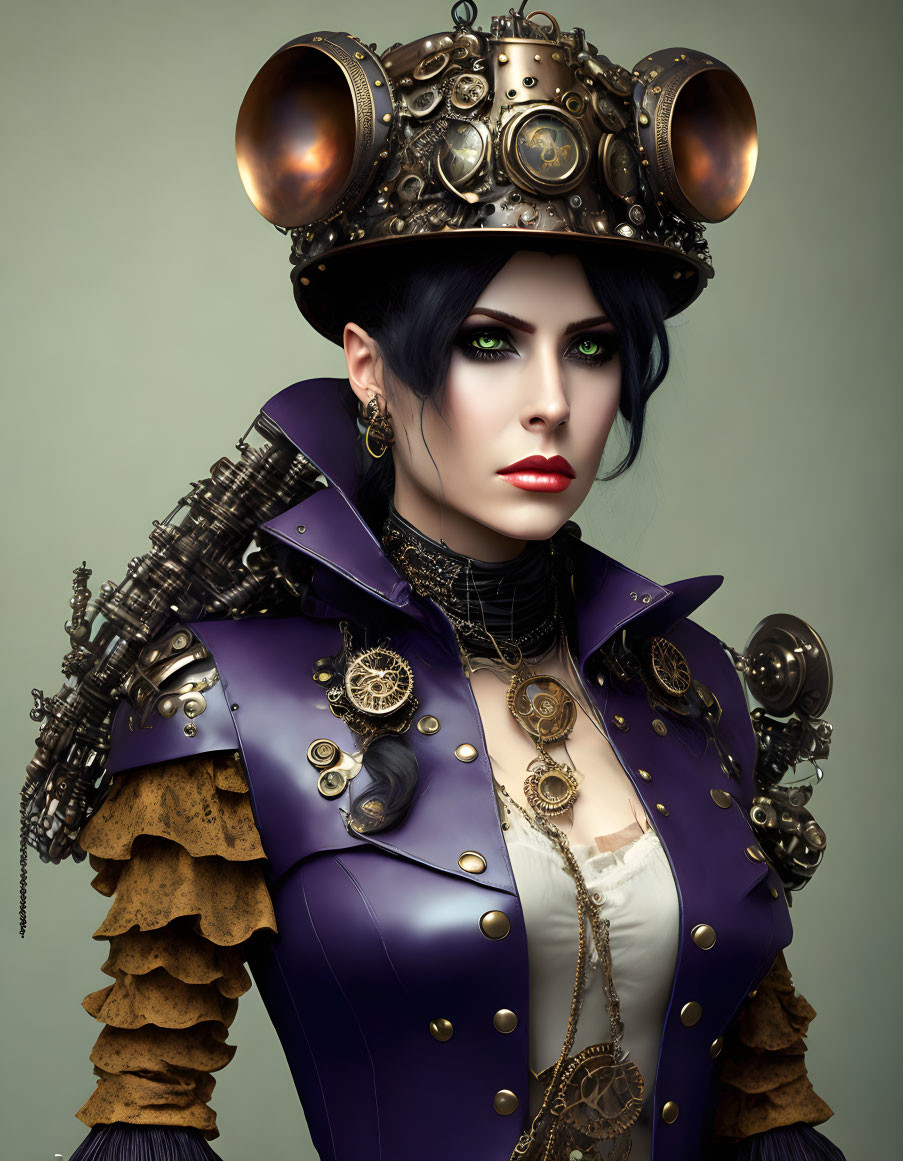 Steampunk-style woman with mechanical crown and purple overcoat