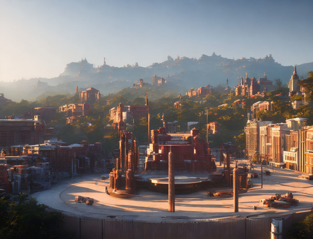 Historical buildings and lush hills in serene cityscape at sunrise