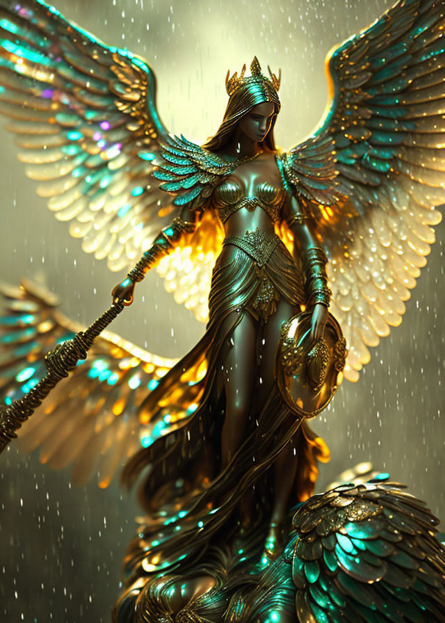 Golden-armored figure with wings, staff, and shield in illustrated artwork