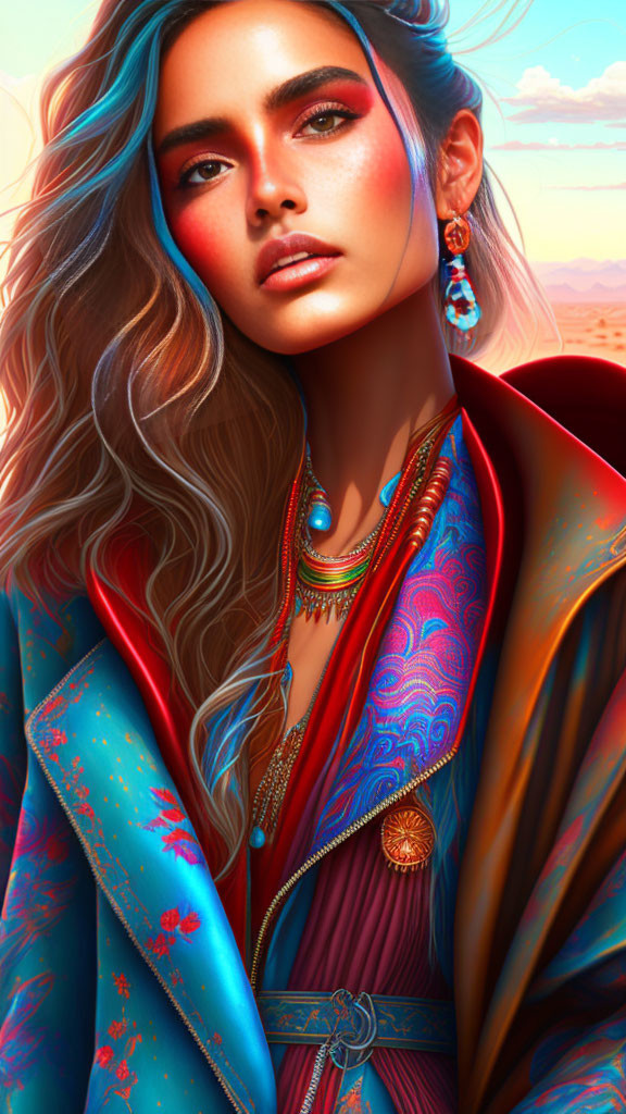 Digital portrait of woman with blue-tinted hair in vibrant outfit against sunset sky