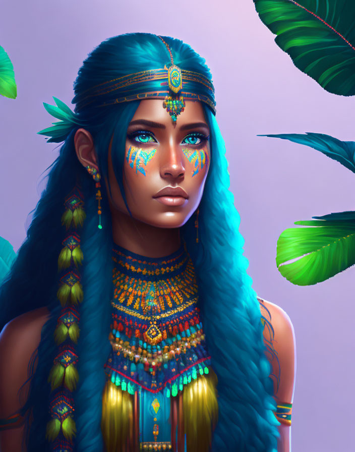 Blue-skinned woman adorned with tribal jewelry in a digital portrait