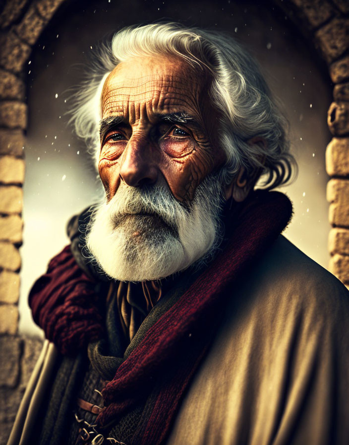 Elderly man with white beard in winter setting with stone structure