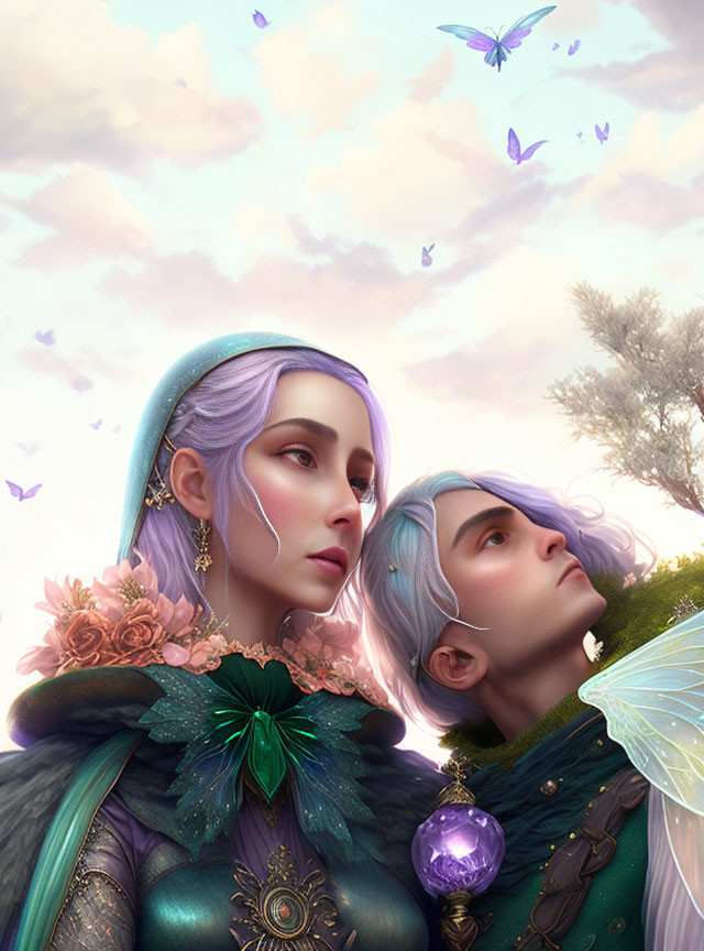 Ethereal characters with pastel hair in fantasy attire surrounded by butterflies