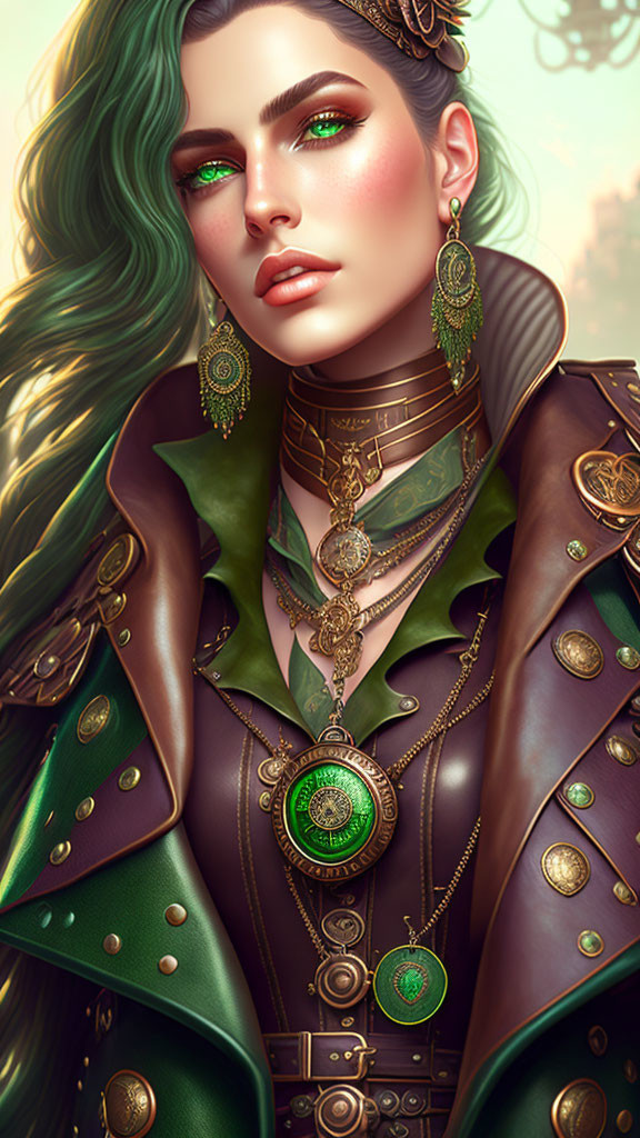 Digital artwork: Woman with long green hair, vibrant eyes, ornate golden jewelry, stylish brown and