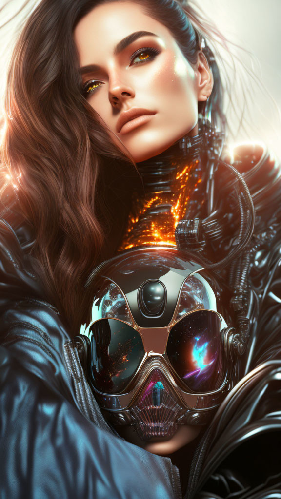 Futuristic woman in shimmering makeup and reflective helmet