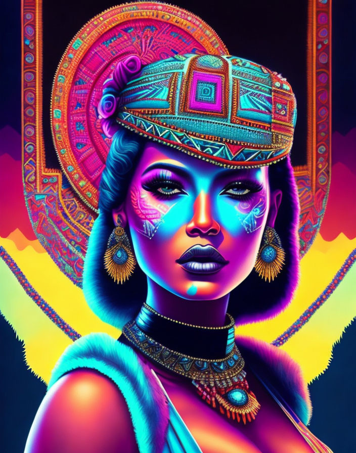 Colorful digital art: woman in traditional attire with neon colors, adorned with jewelry, against a radiant