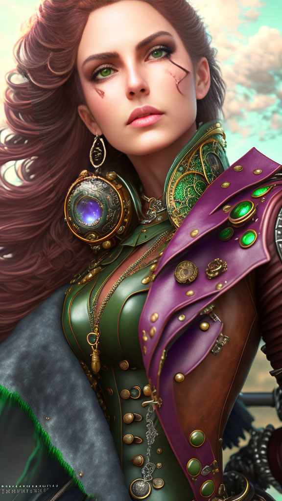 Digital art portrait of a woman with green eyes and curly brown hair in ornate green and gold armor