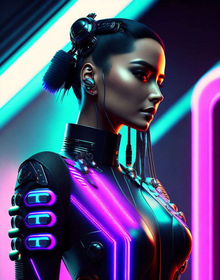 Futuristic female android with neon lighting and cybernetic details