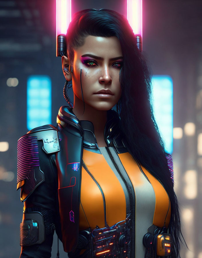 Futuristic woman with black hair and cybernetic enhancements in high-tech suit