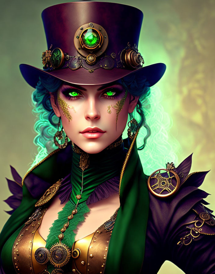 Steampunk-themed woman with top hat and green eyes in Victorian-style attire