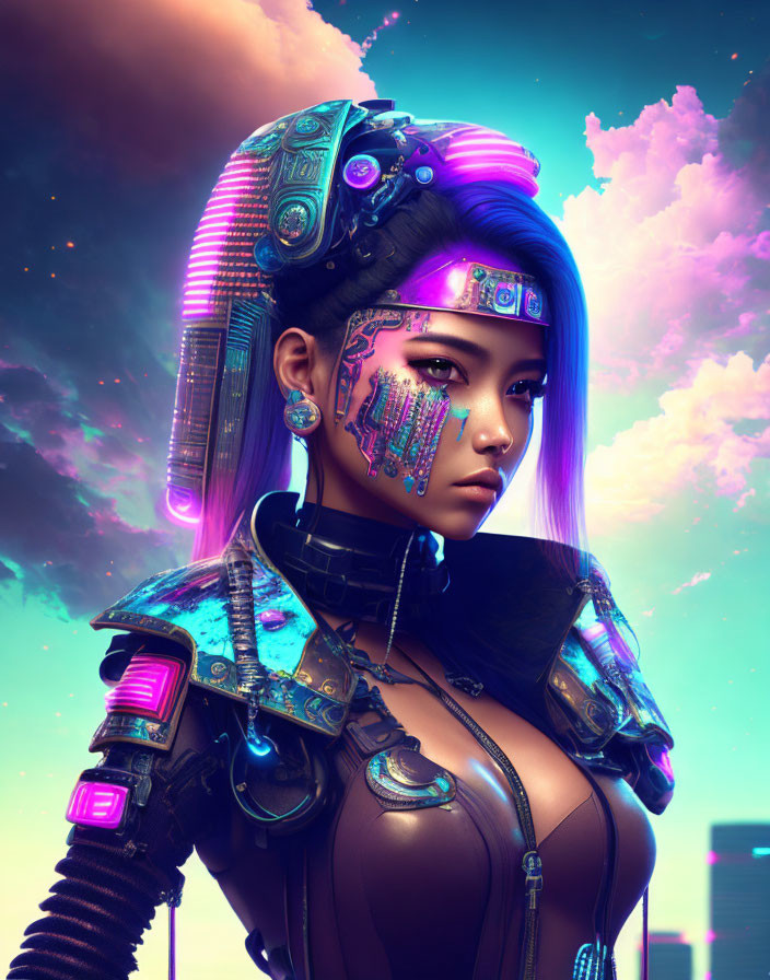Futuristic woman with cybernetic enhancements in neon-lit setting