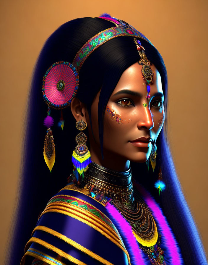 Detailed Ethnic Jewelry & Colorful Attire on Woman in Digital Portrait