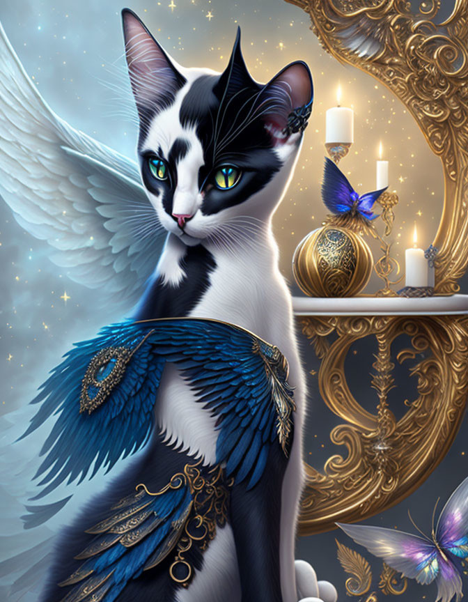 Majestic tuxedo cat with blue wings, candles, butterfly, and gold jewelry.