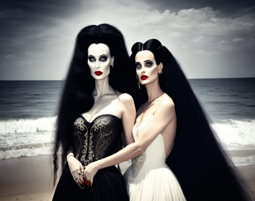 Two women in gothic attire with pale makeup pose dramatically by the sea under a cloudy sky