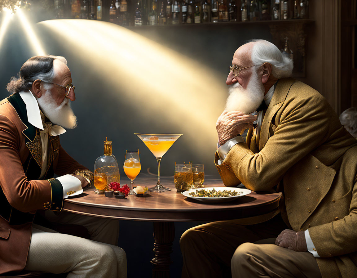 Elderly gentlemen in vintage attire having a conversation at a warmly lit bar