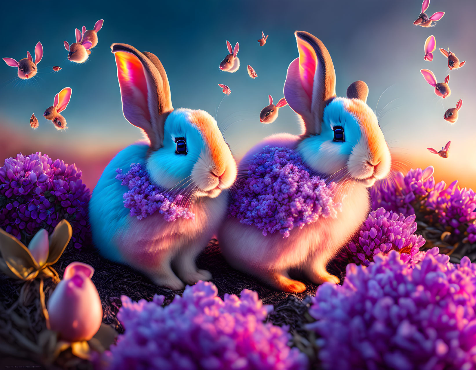 Illustrated bunnies with purple flowers and butterflies in twilight scene