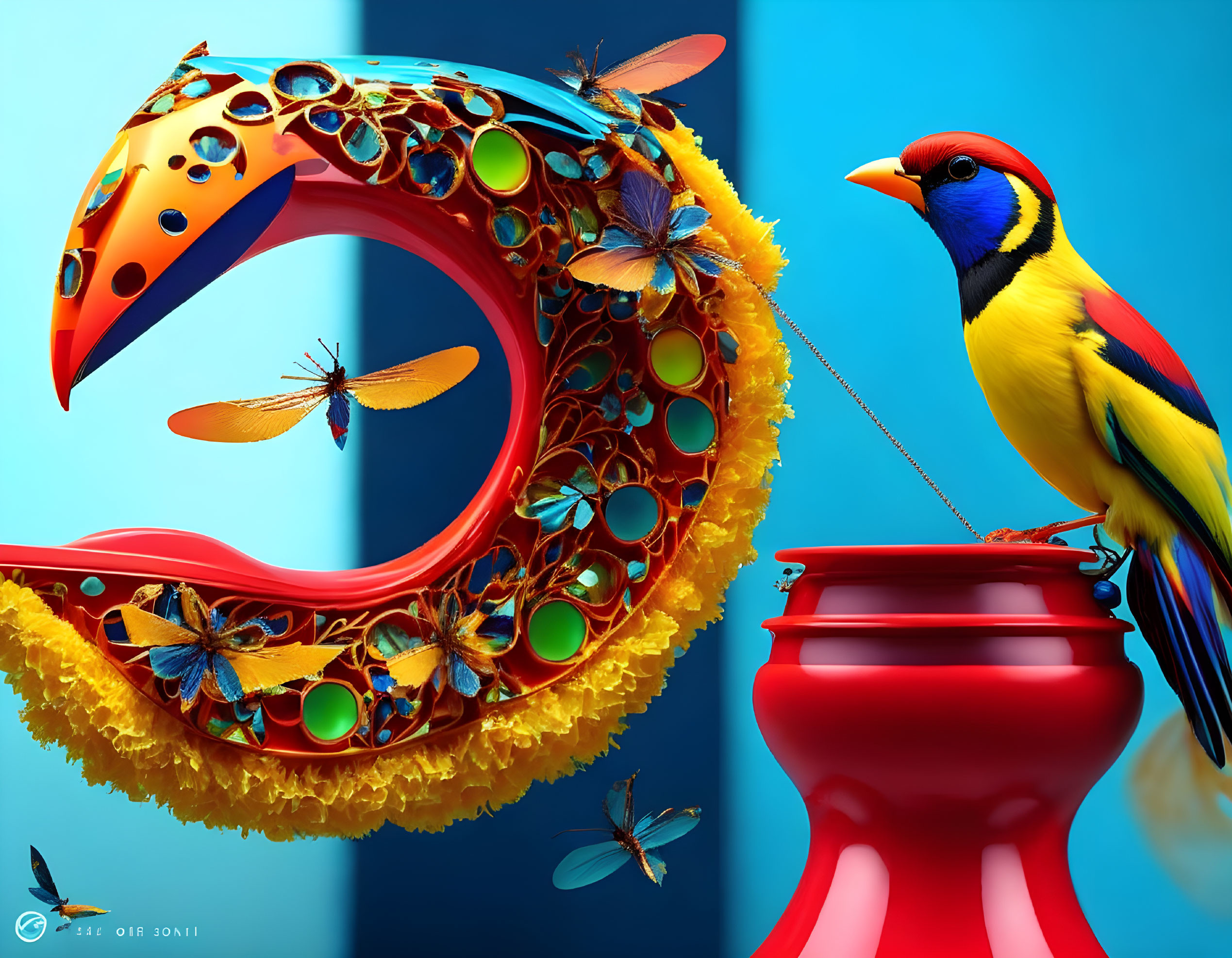 Colorful surreal bird-like sculpture with dragonfly wings and perched bird on blue backdrop