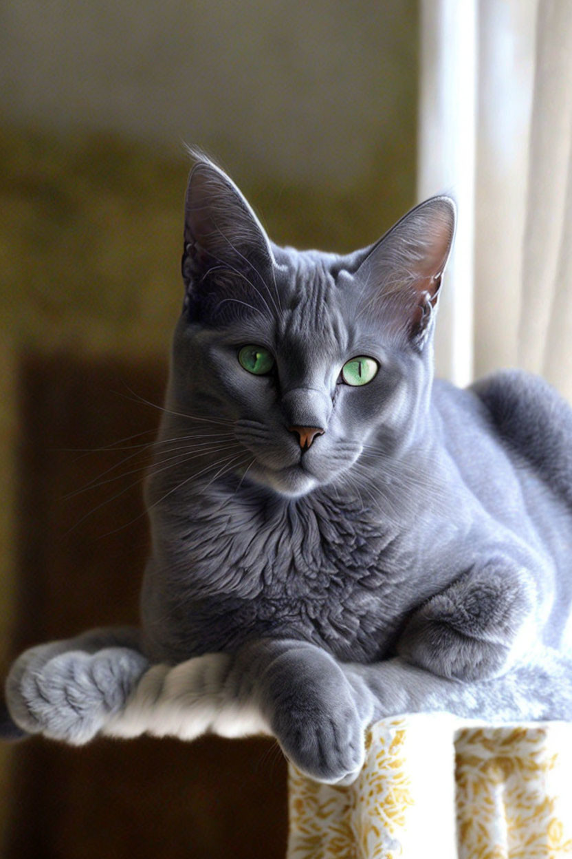 Grey Cat with Green Eyes Resting on Patterned Surface