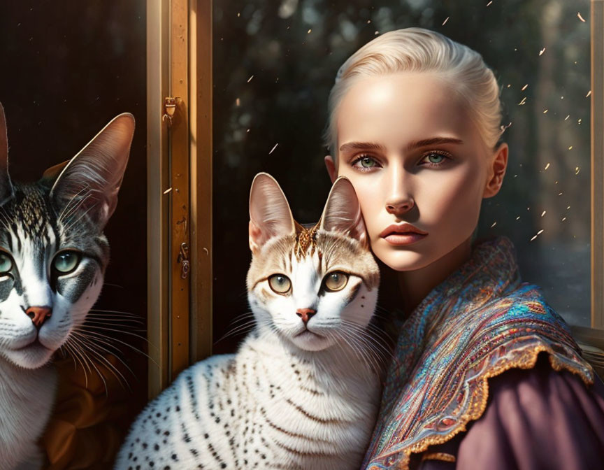 Woman and two elegant cats in dappled sunlight portrait