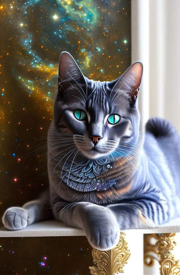 Gray Tabby Cat with Blue Eyes Relaxing by Window with Starry Galaxy Background