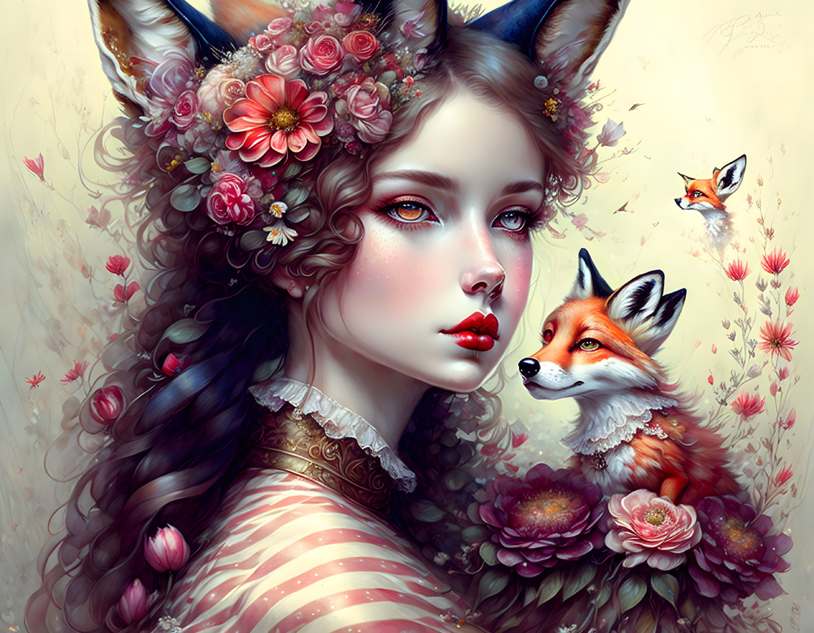 Fantastical portrait of a woman with fox ears and a small fox in floral setting