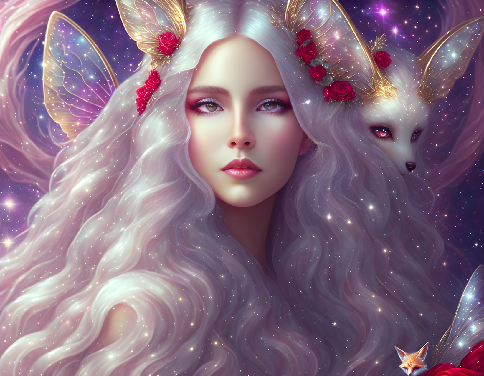 Ethereal woman with white hair and mystical fox in red floral accents against starry backdrop