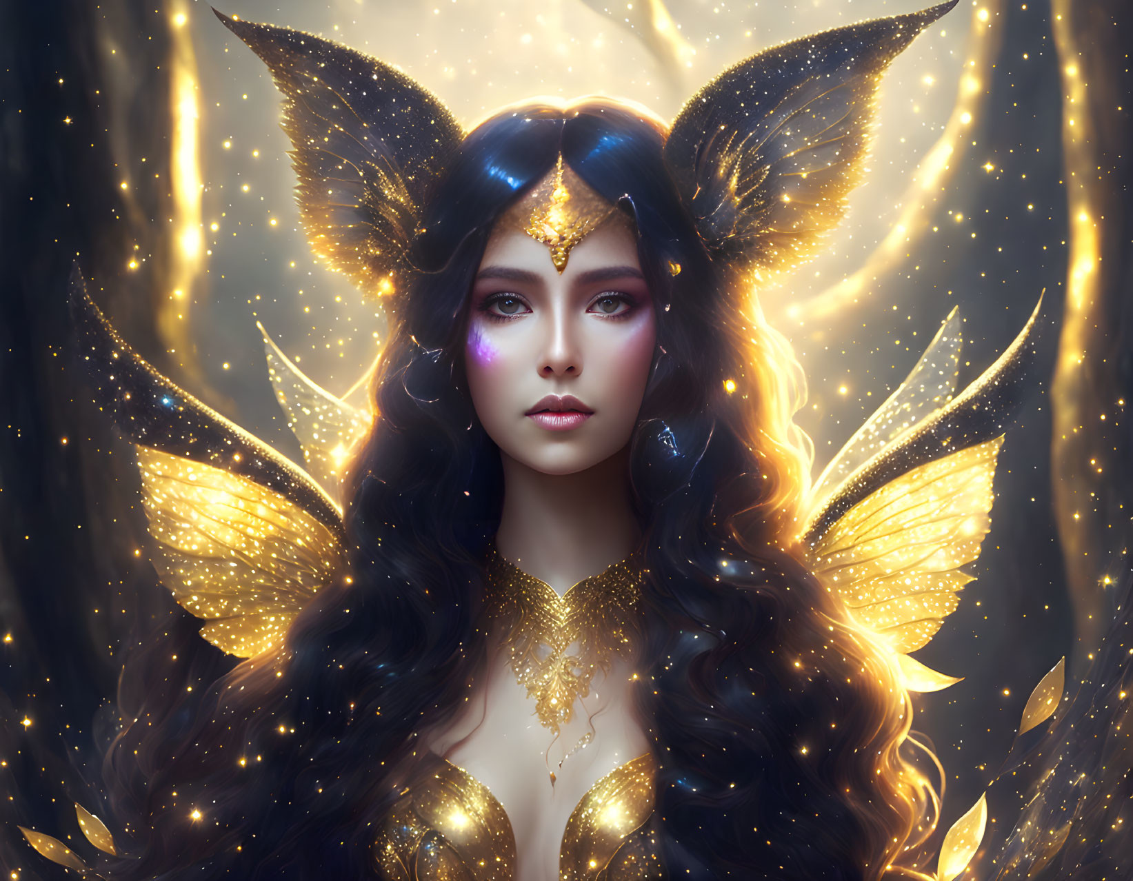 Golden Butterfly Wings Fantasy Portrait with Ethereal Makeup and Sparkly Background