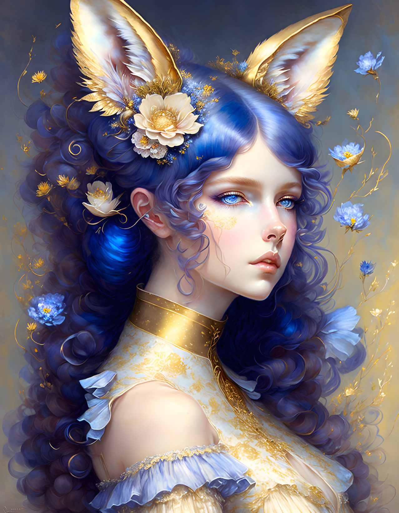 Blue-haired woman with feline ears, flowers, butterflies, and golden details