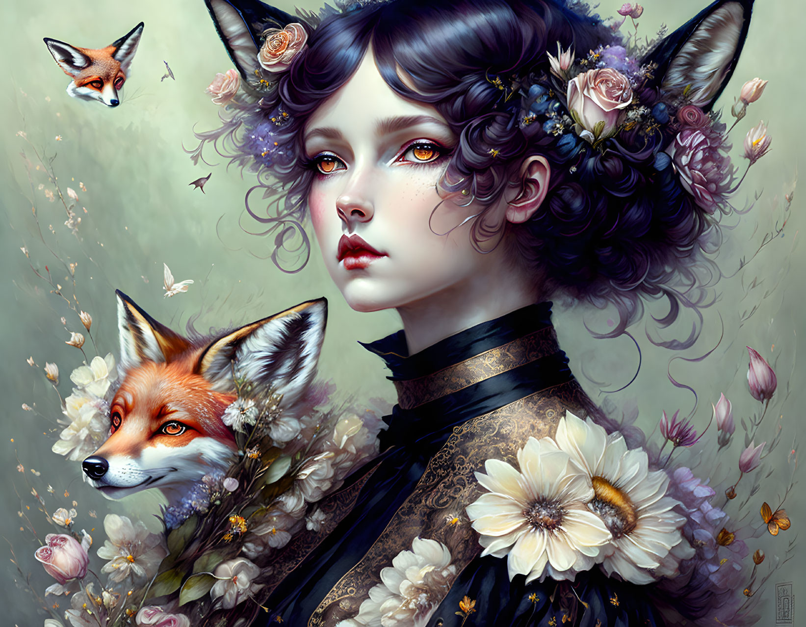 Detailed Portrait of Woman with Floral and Fox Elements