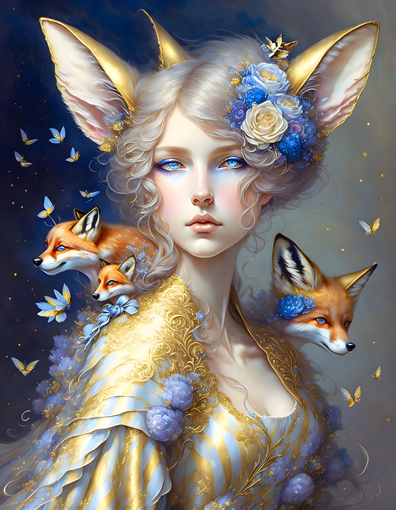 Fantasy portrait of woman with fox ears, foxes, blue flowers, butterflies, starry backdrop