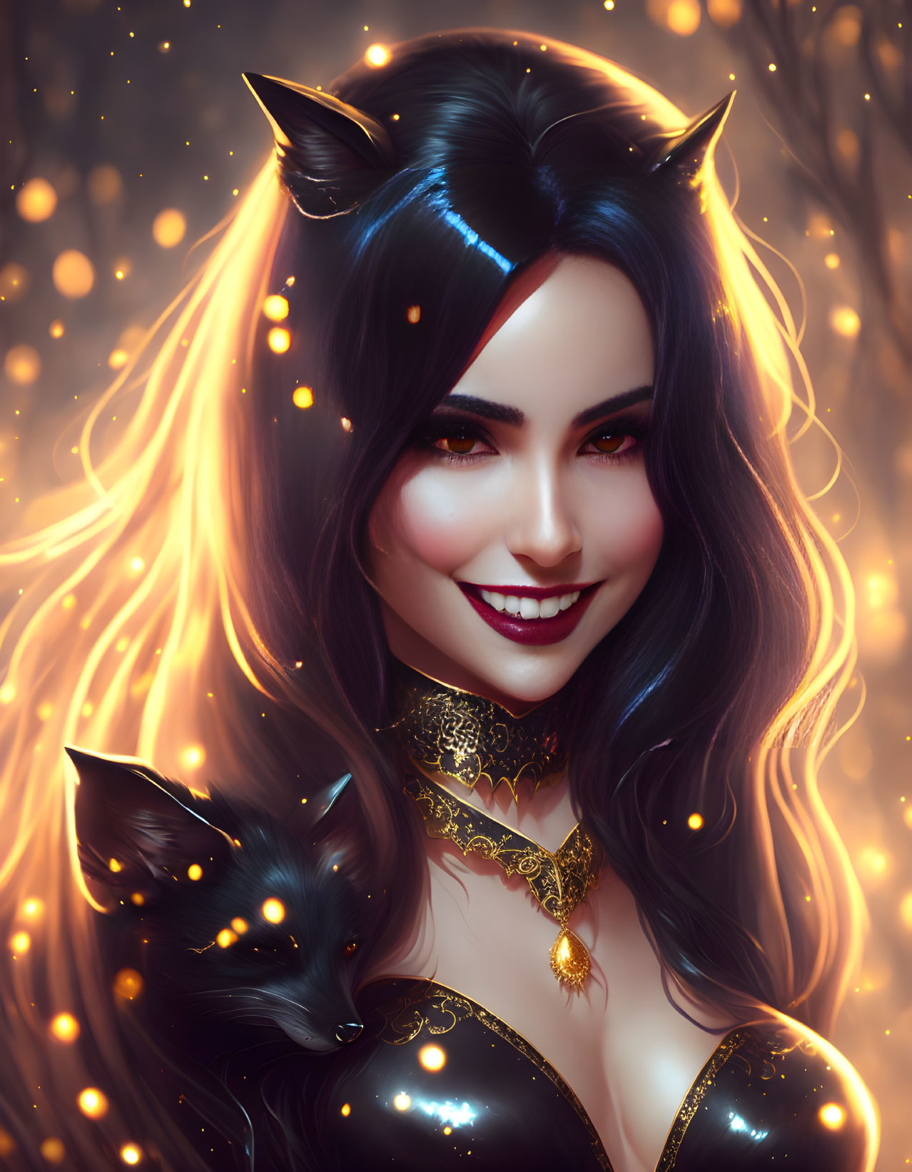 Smiling woman with dark hair and horns, accompanied by black cat in golden lights