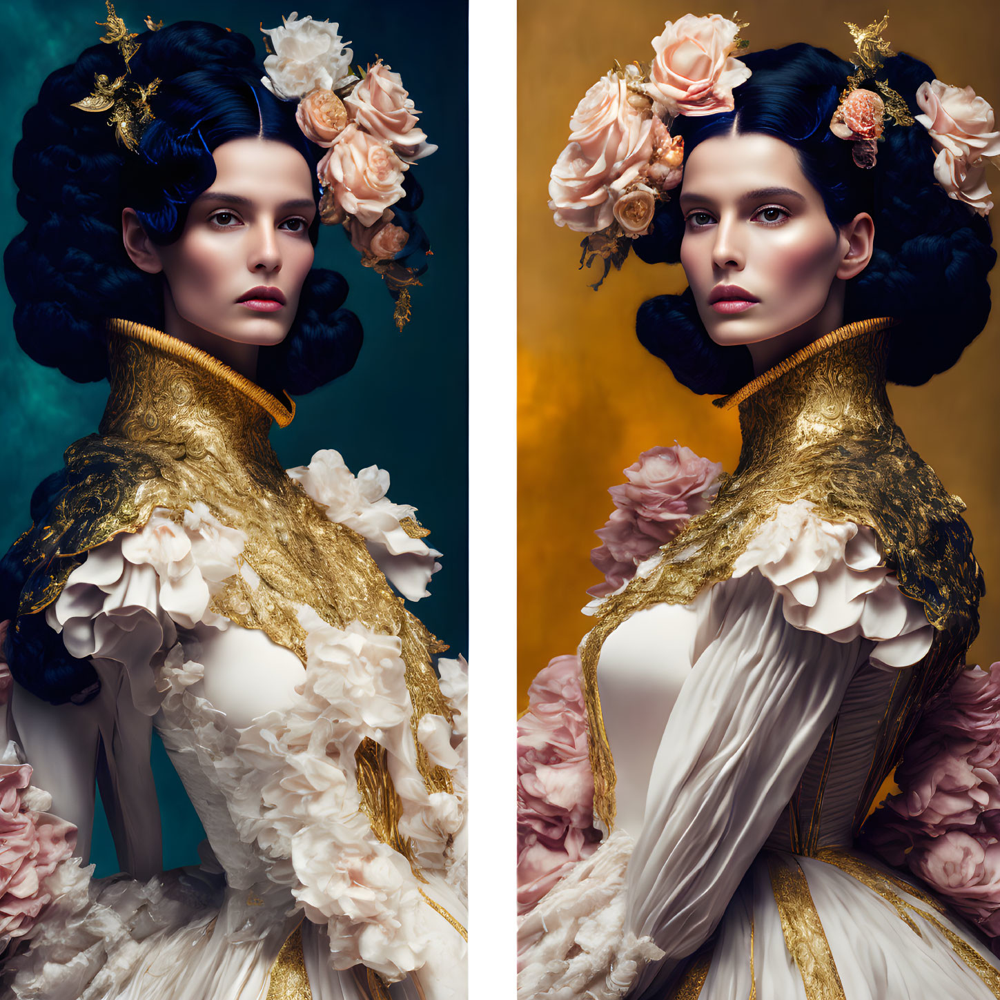 Elaborate Baroque hairstyle with floral adornments, white and gold ruffled dress on dual blue