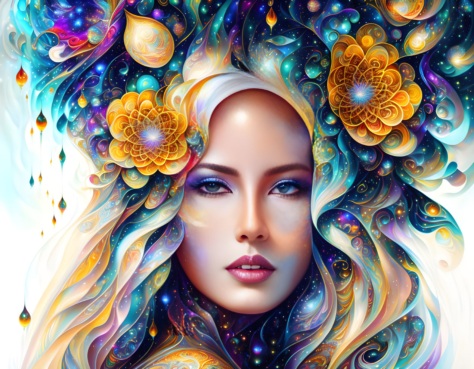 Cosmic-themed surreal portrait of a woman with vibrant floral motifs