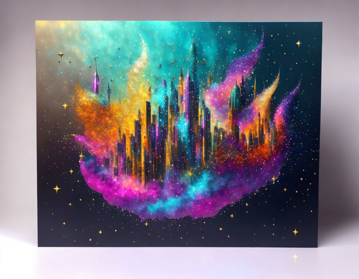 Colorful cosmic cityscape with glittering skyscrapers in swirling nebula.