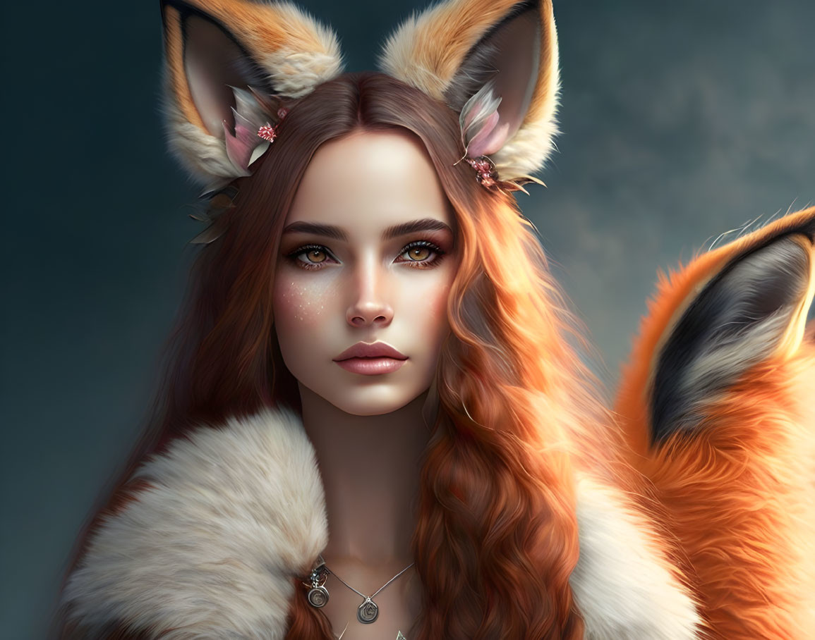 Digital artwork: Woman with fox ears and tail, reddish-brown hair, amber eyes, white