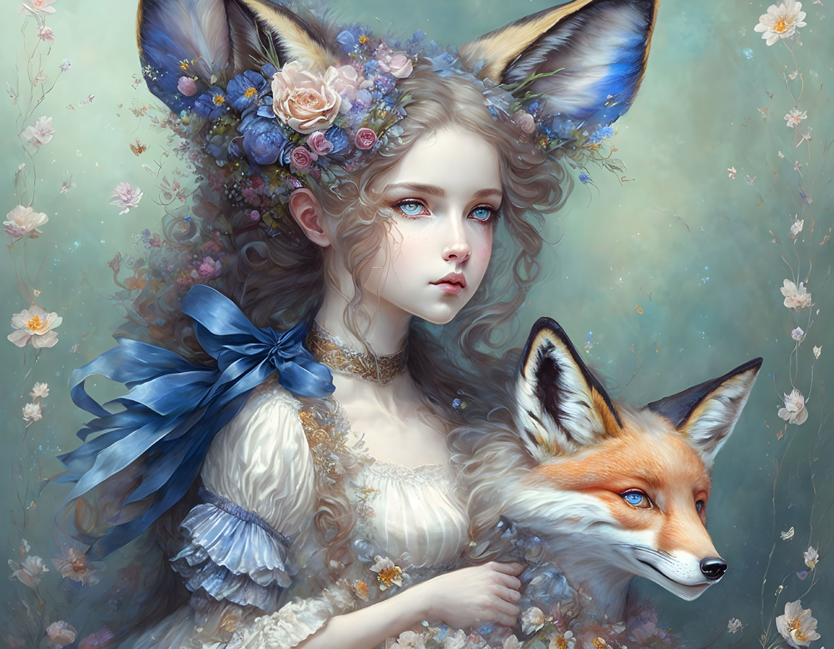 Fantasy portrait of woman with fox ears and floral wreath next to realistic fox on floral backdrop