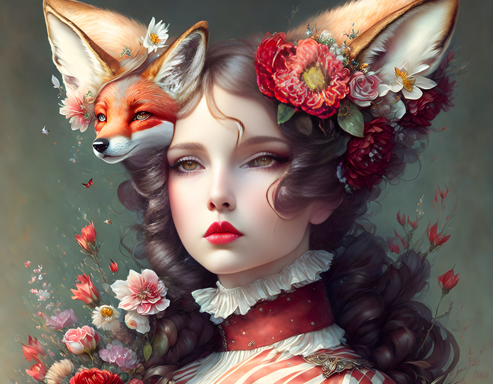 Illustration of woman's face merged with fox, embellished with flowers and intricate details