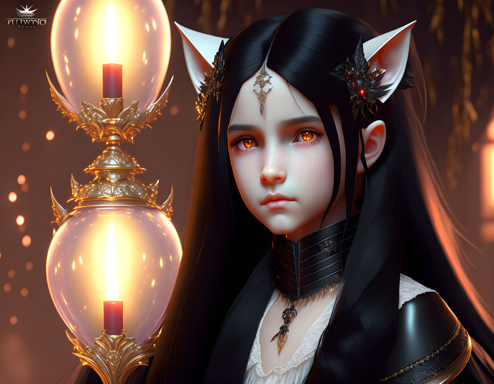 Female character with pointy ears and red eyes near ornate lamp