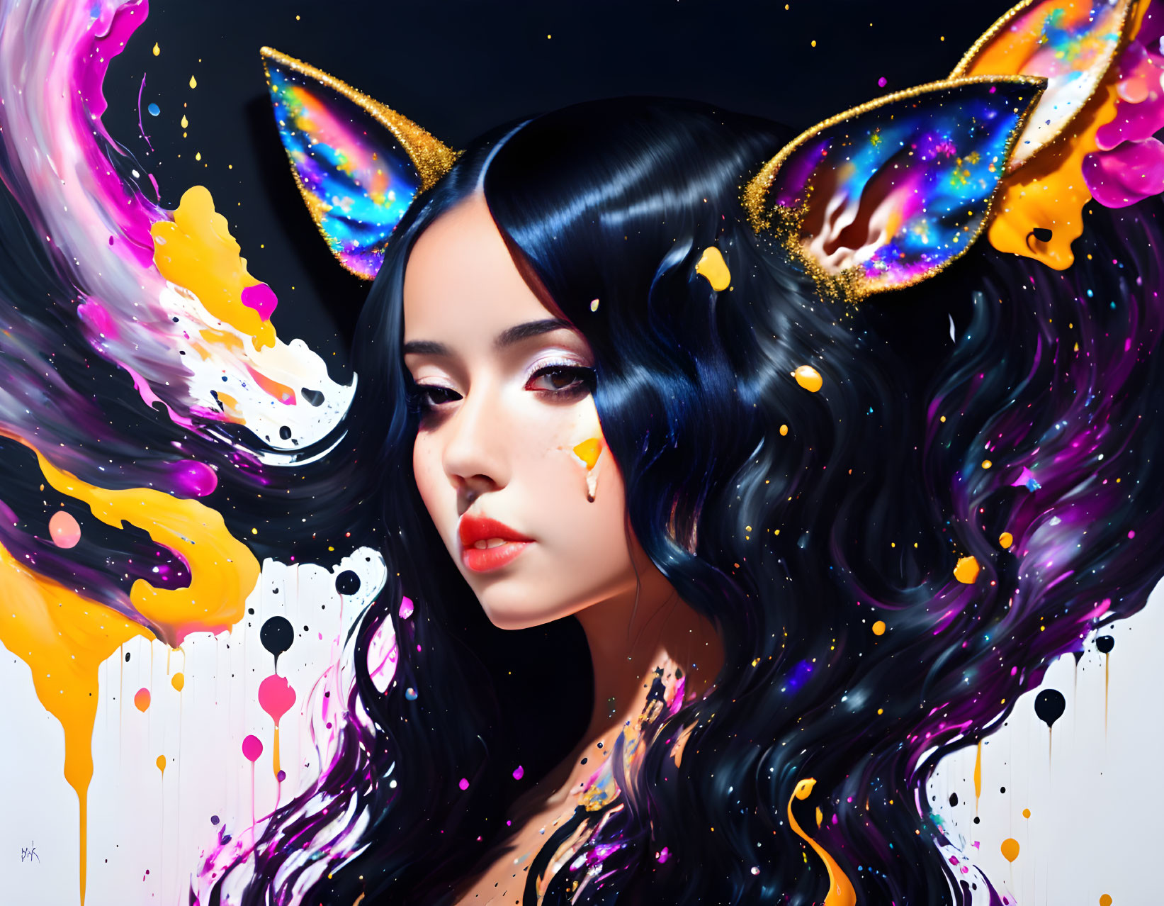 Digital artwork: Woman with cat ears in vibrant color splashes