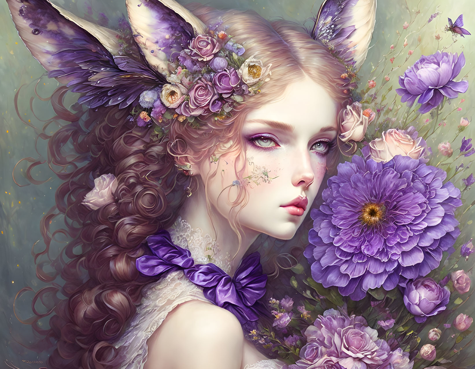 Fantasy illustration of young woman with floral and faunal elements