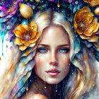 Cosmic-themed surreal portrait of a woman with vibrant floral motifs