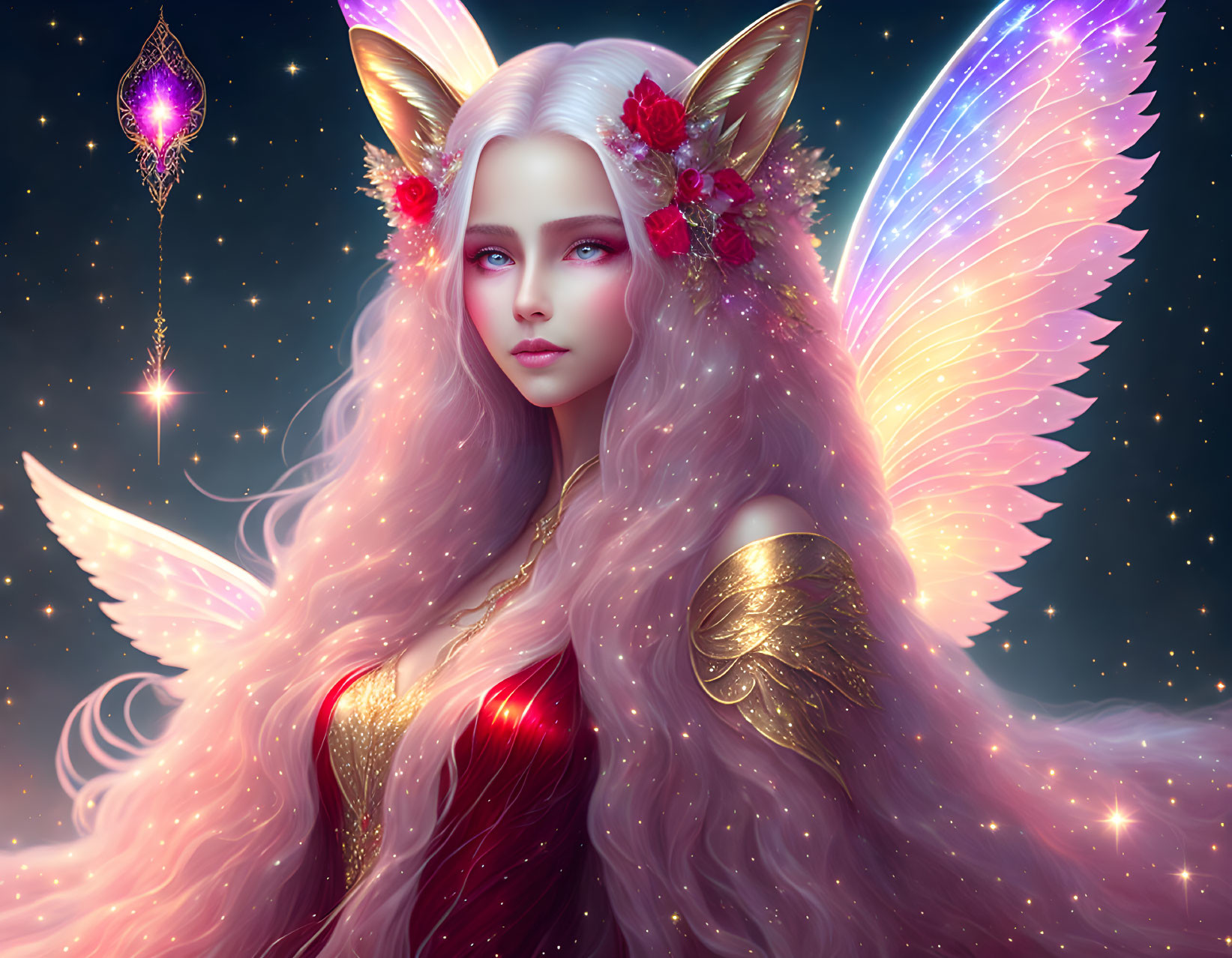 Fantastical female figure with pink hair, fox ears, multicolored wings, and golden armor