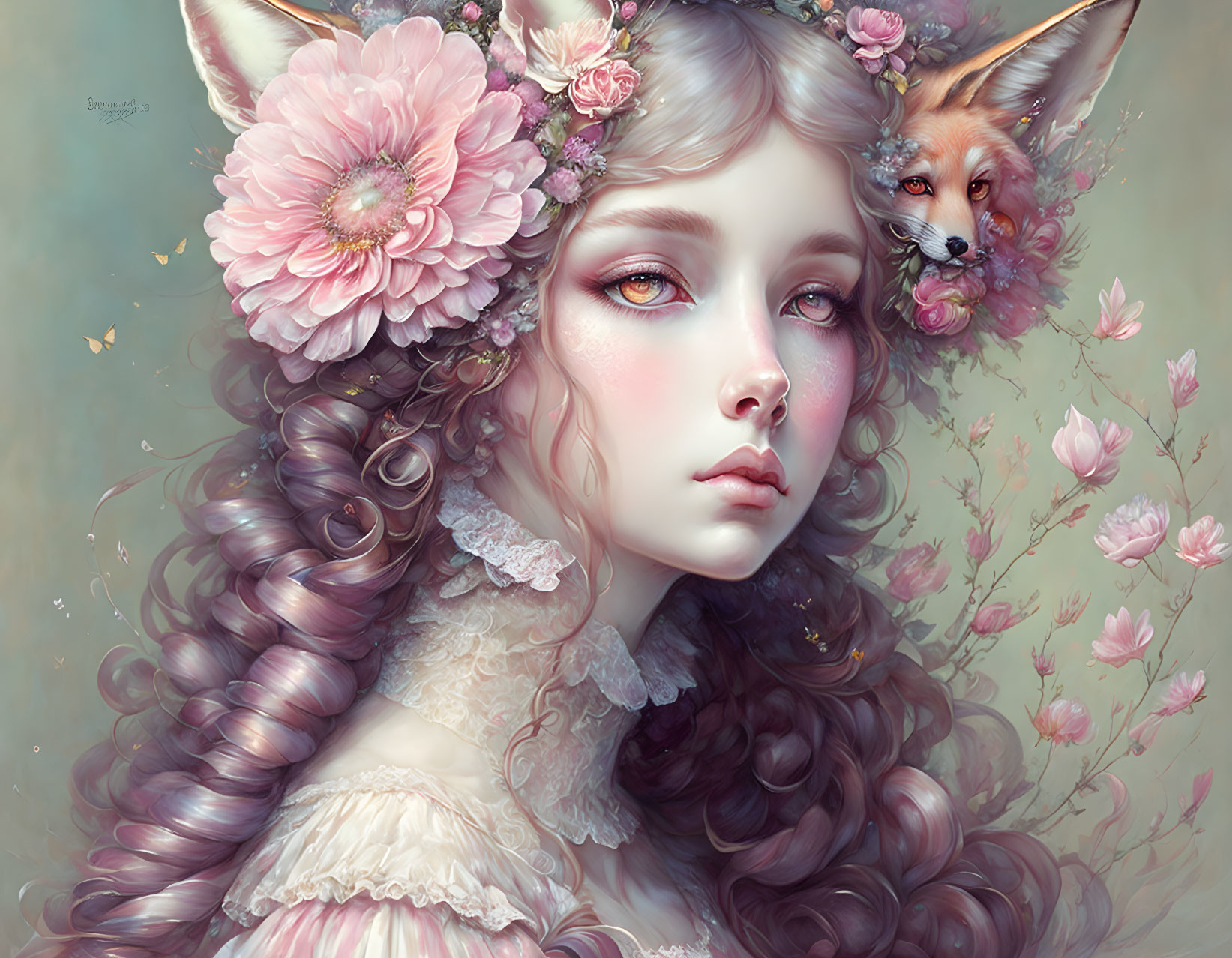 Fantasy portrait featuring woman with floral headwear and fox shoulder companion