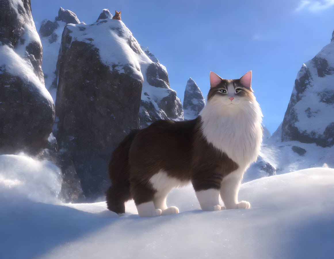 Long-Haired Cat on Snow with Icy Mountains Background