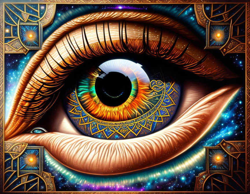 Detailed surreal eye illustration with cosmic elements